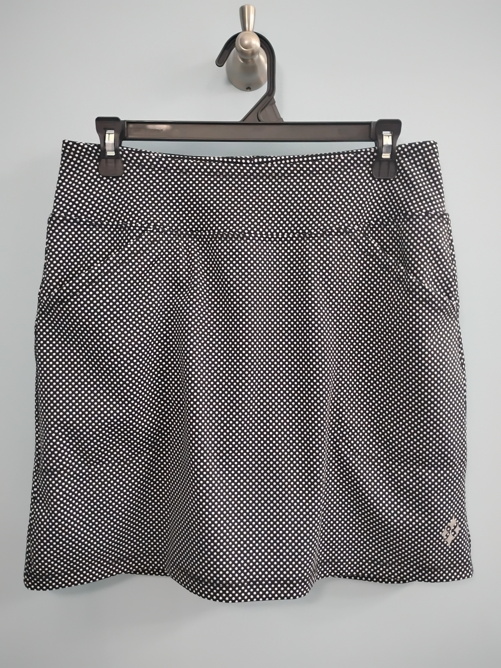 Jofit Black and White Polka Dot Midi Skirt Size Small W/Purple Shorts Underneath
